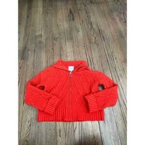 Pink Rose Zip Up Cropped Sweater with Pop Collar in Red - Size XS